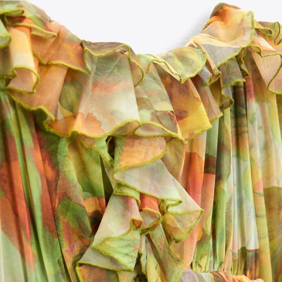 NWT Zara Printed Tulle Dress Green & Yellow - Picture 9 of 11